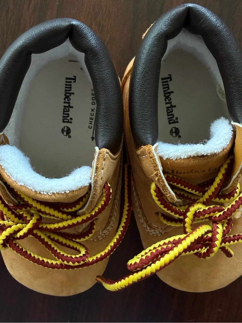 Timberland Size 3 Tan Suede Lace-Up Boots with Yellow & Burgundy Laces